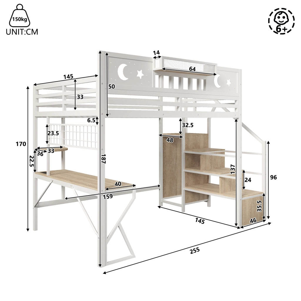Letto a soppalco 140x200 con scrivania in metallo e MDF; LED; USB e scaffali; bianco