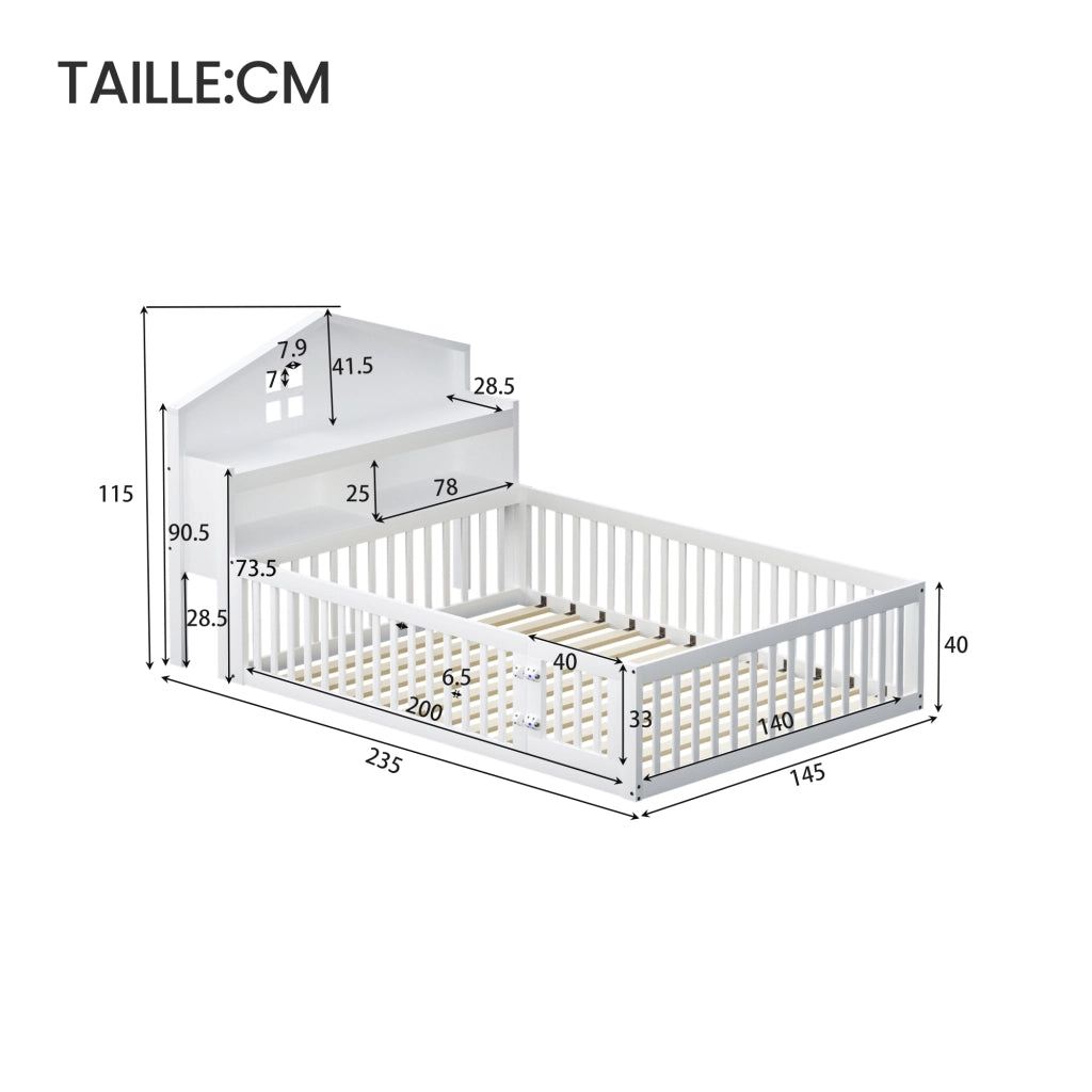 OKWISH Letto a Casetta 140×200 cm, Letto Singolo con Contenitori, Mensole e Sponda, senza Materasso, in Legno Massello, Bianco