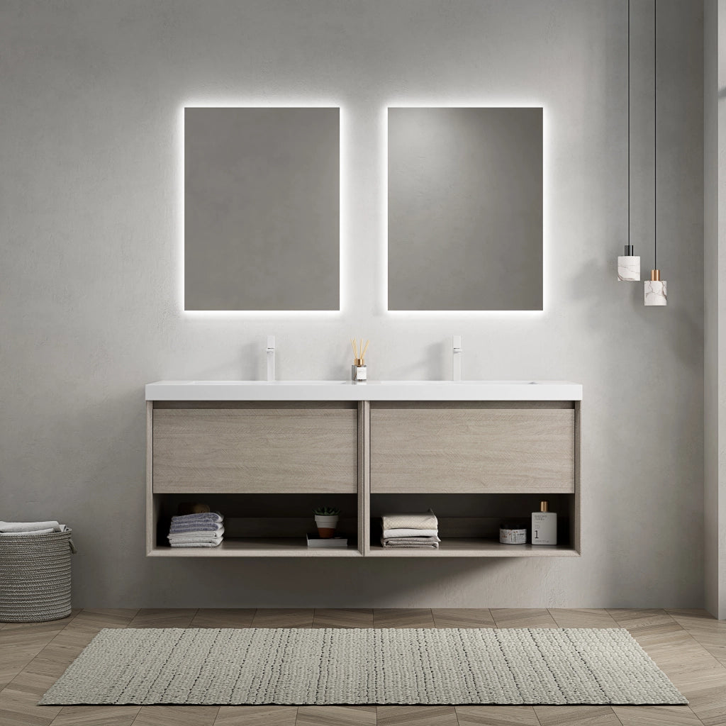 Mobile lavabo da bagno 140 cm con 2 lavabi rettangolari bianchi in resina, mobile in compensato effetto rovere chiaro con 2 cassetti e 2 ripiani aperti, preassemblato