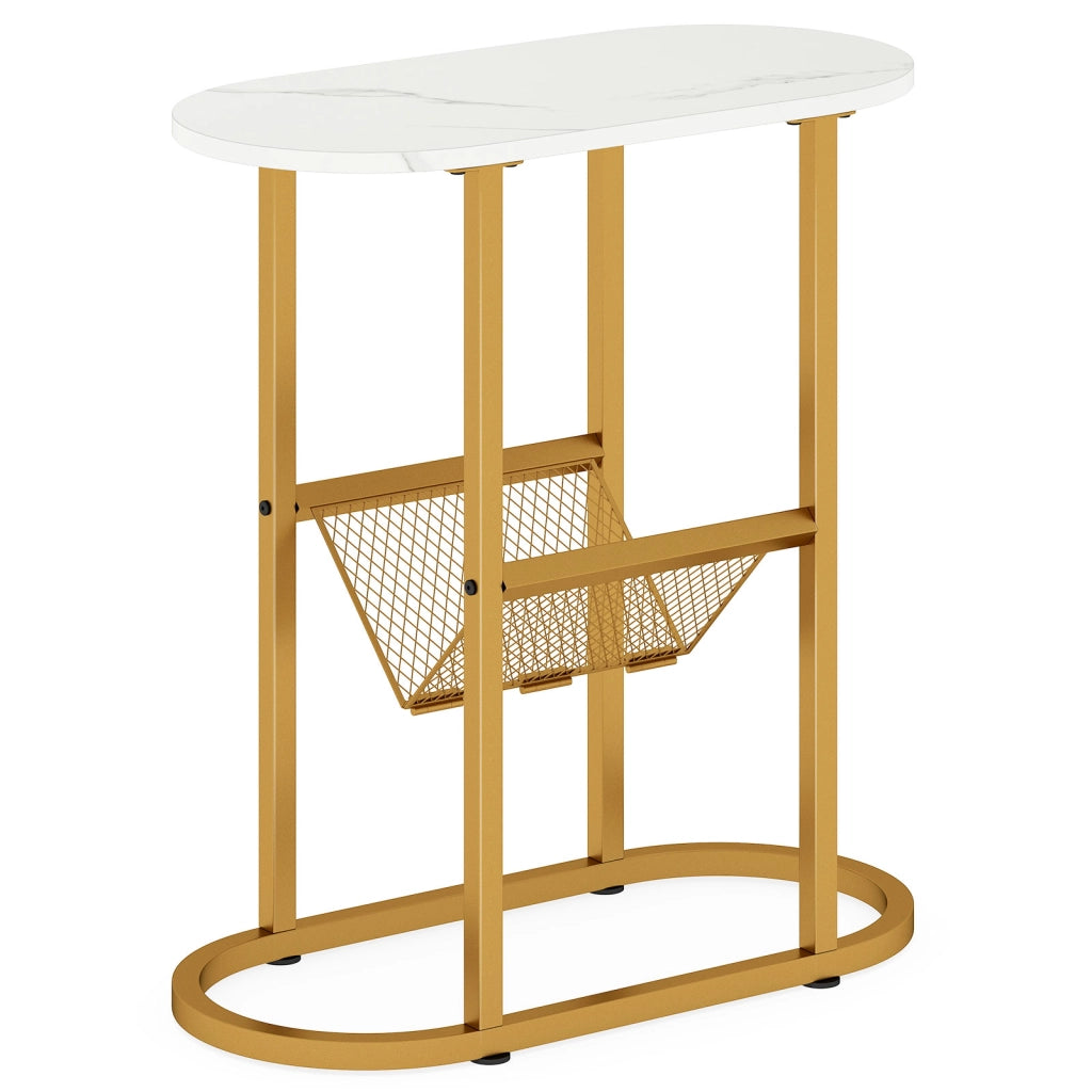 Tavolino stretto ovale 2 livelli porta riviste salvaspazio metallo robusto, Tavolino salotto spazi piccoli soggiorno camera letto Bianco