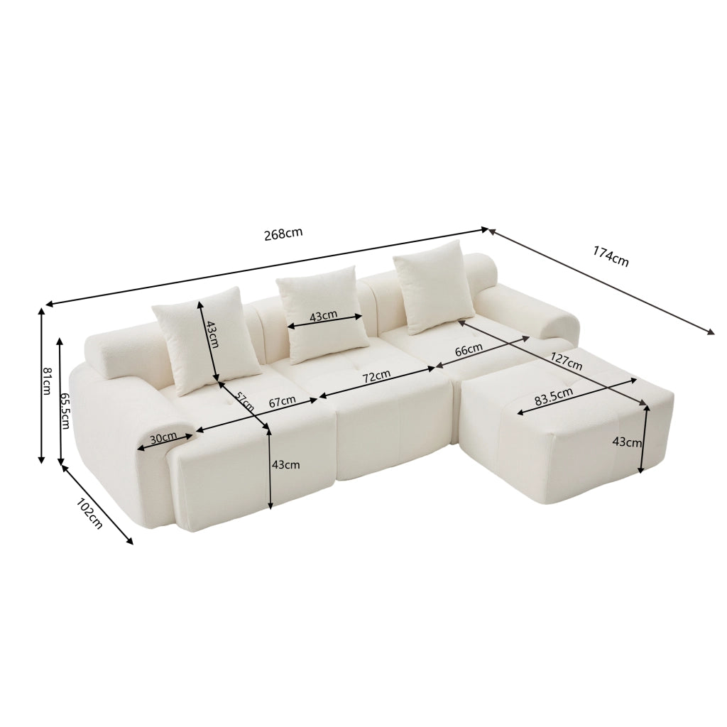 Divano modulare angolare 3 posti con 4 moduli combinabili in tessuto di velluto a coste e memory foam avorio