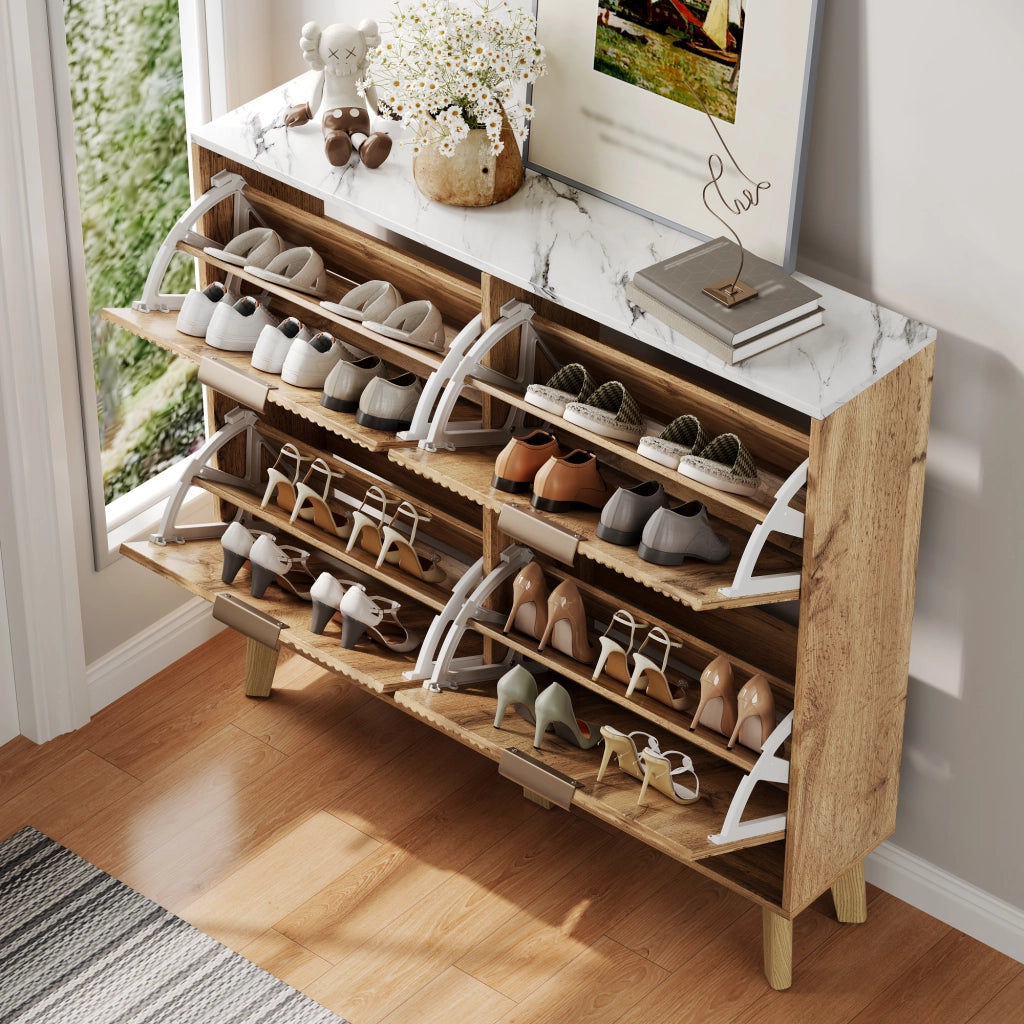 Scarpiera con quattro ante a ribalta piano effetto marmo MDF naturale gambe in legno 105 × 24 × 95;5 cm