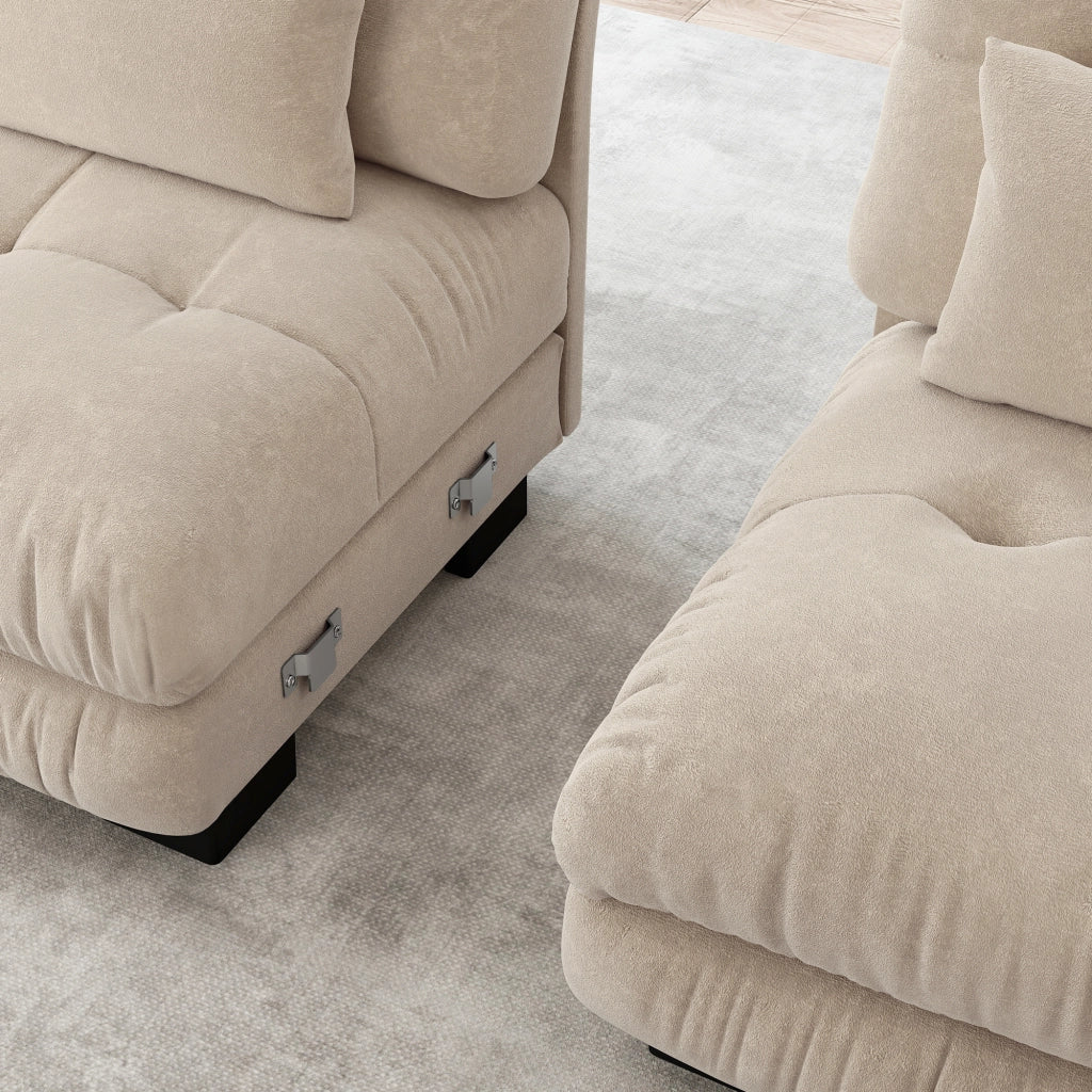 Divano Angolare con Ottoman ¨C MINIMAL ¨C Chenille, Braccioli Larghi, Tortora Chiaro
