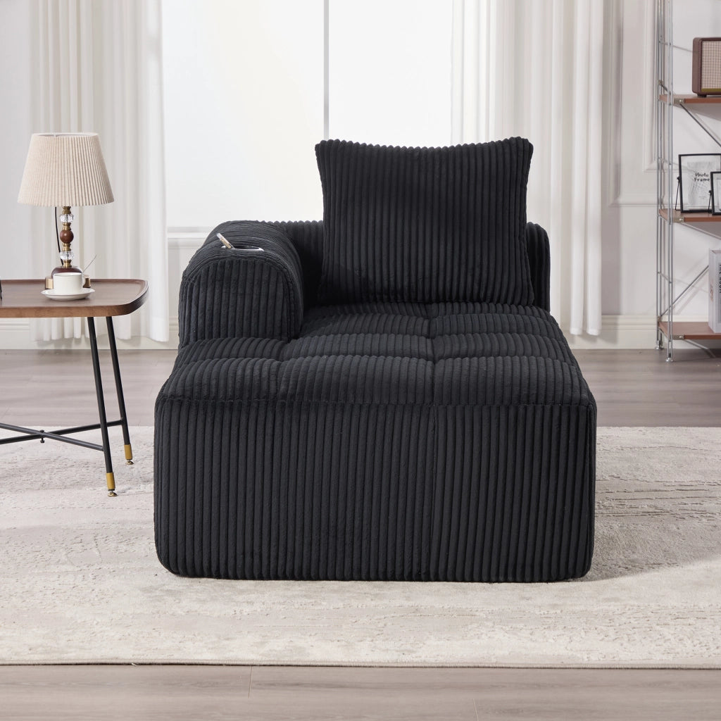 Divano compatto in velluto a coste nero con tasche laterali e portabevande 158 × 93 × 61 cm