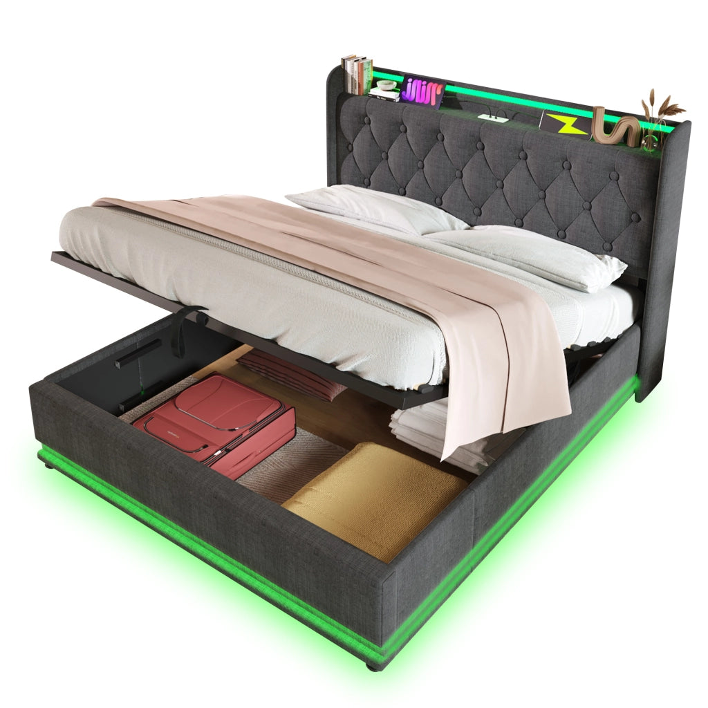 Letto contenitore matrimoniale 140x200 grigio con LED