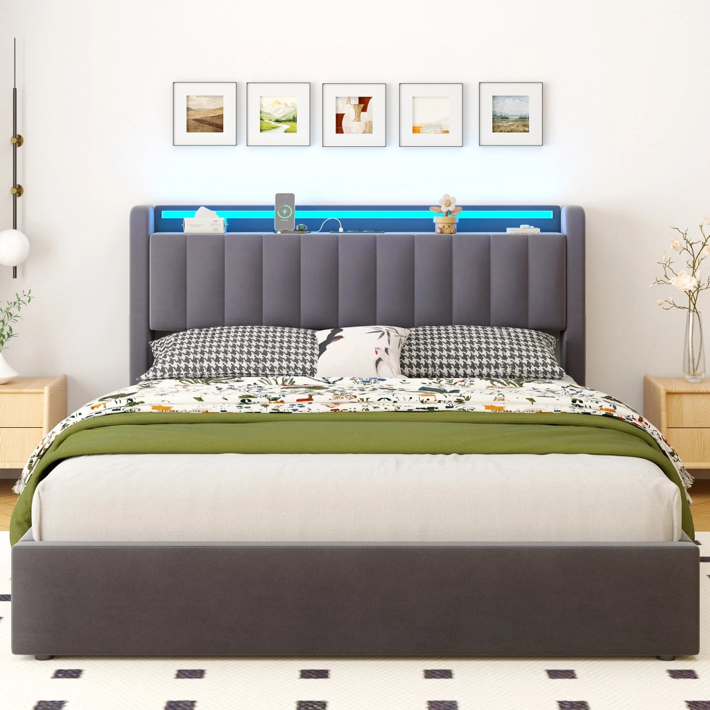 Letto Imbottito 160x200 cm Grigio Scuro in Velluto con Contenitore, USB e Luce d’Atmosfera