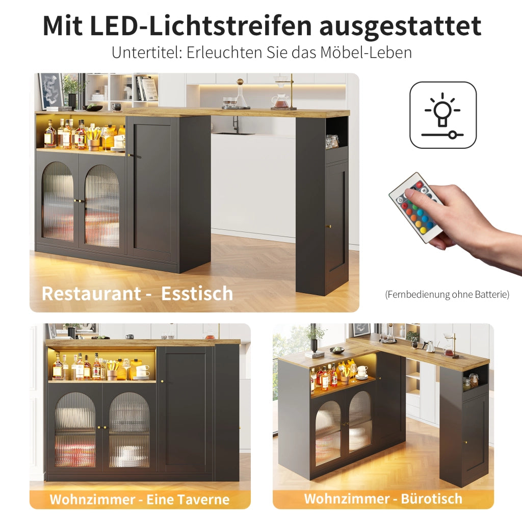 Tavolo alto girevole a 360° con mobile contenitore; ante in vetro Changhong e LED in MDF nero per cucina e soggiorno
