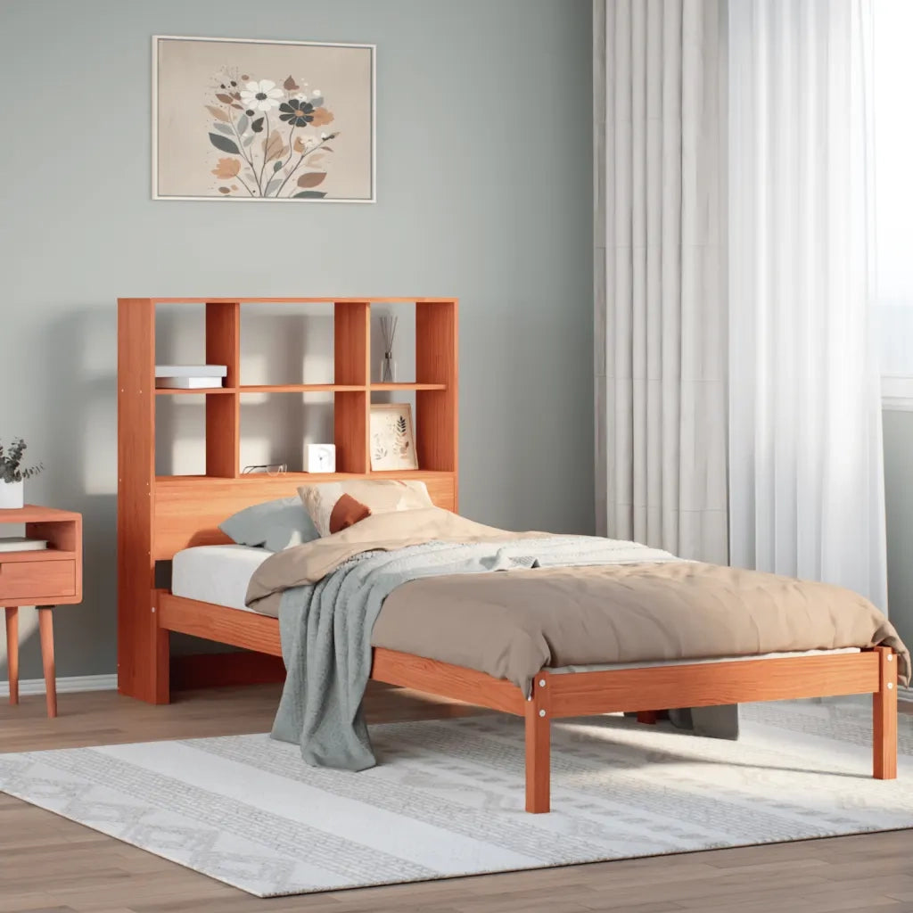 Letto Libreria senza Materasso-Struttura Letto con contenitore Marrone Cera 100x200 cm in Pino 285616