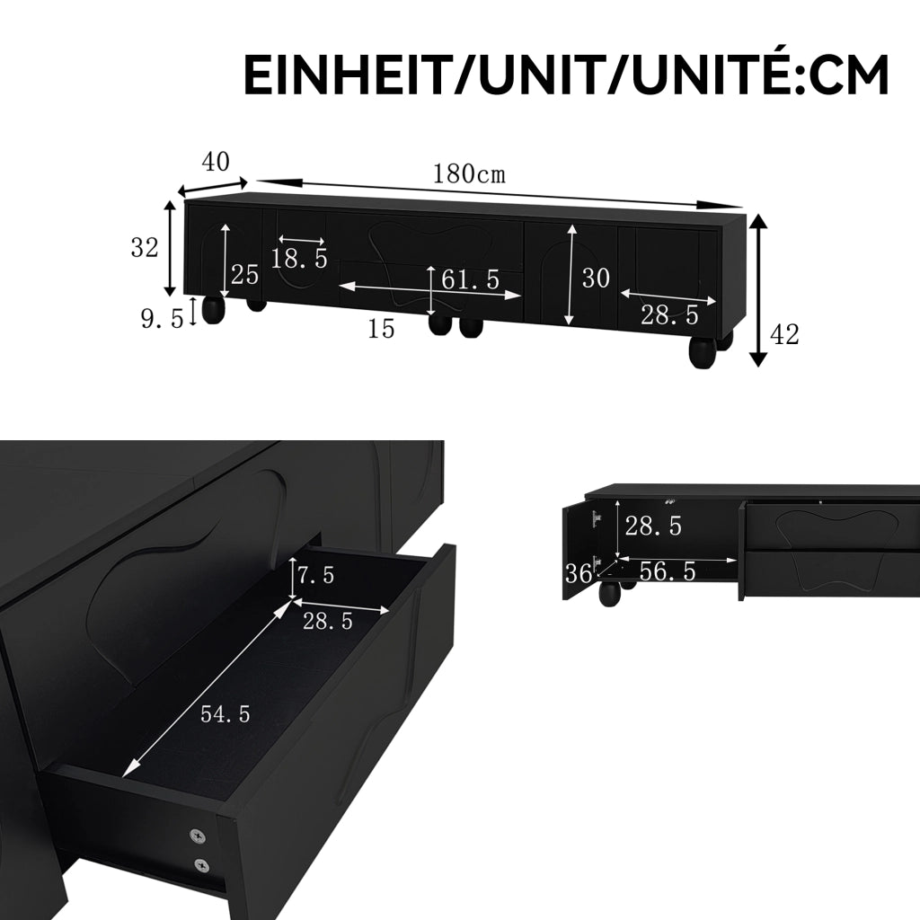 Mobile TV nero 180 cm con gambe in legno massello e ampio spazio contenitivo