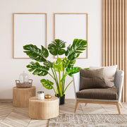 Pianta artificiale monstera da interno e esterno con 11 foglie realistiche vaso nero e base in cemento alta 110 cm