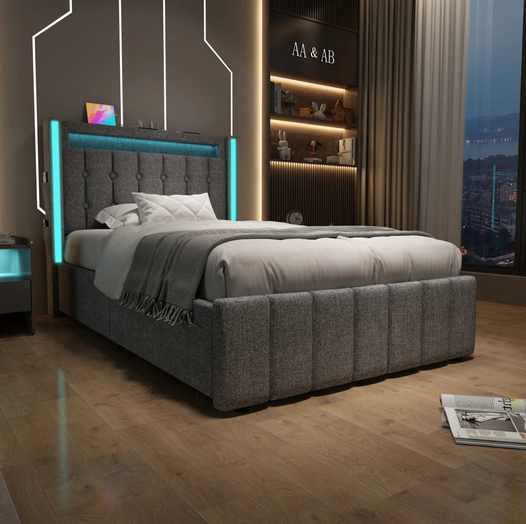 Letto singolo 90x200 cm con USB, USB-C, LED e 2 cassetti in lino grigio