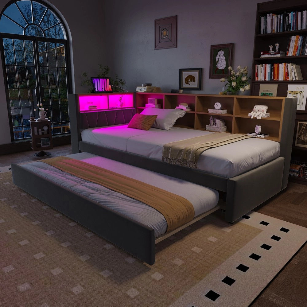 Letto Singolo Imbottito con LED e Prese ¨C MINIMAL ¨C Flanella, Grigio Scuro, 90x200