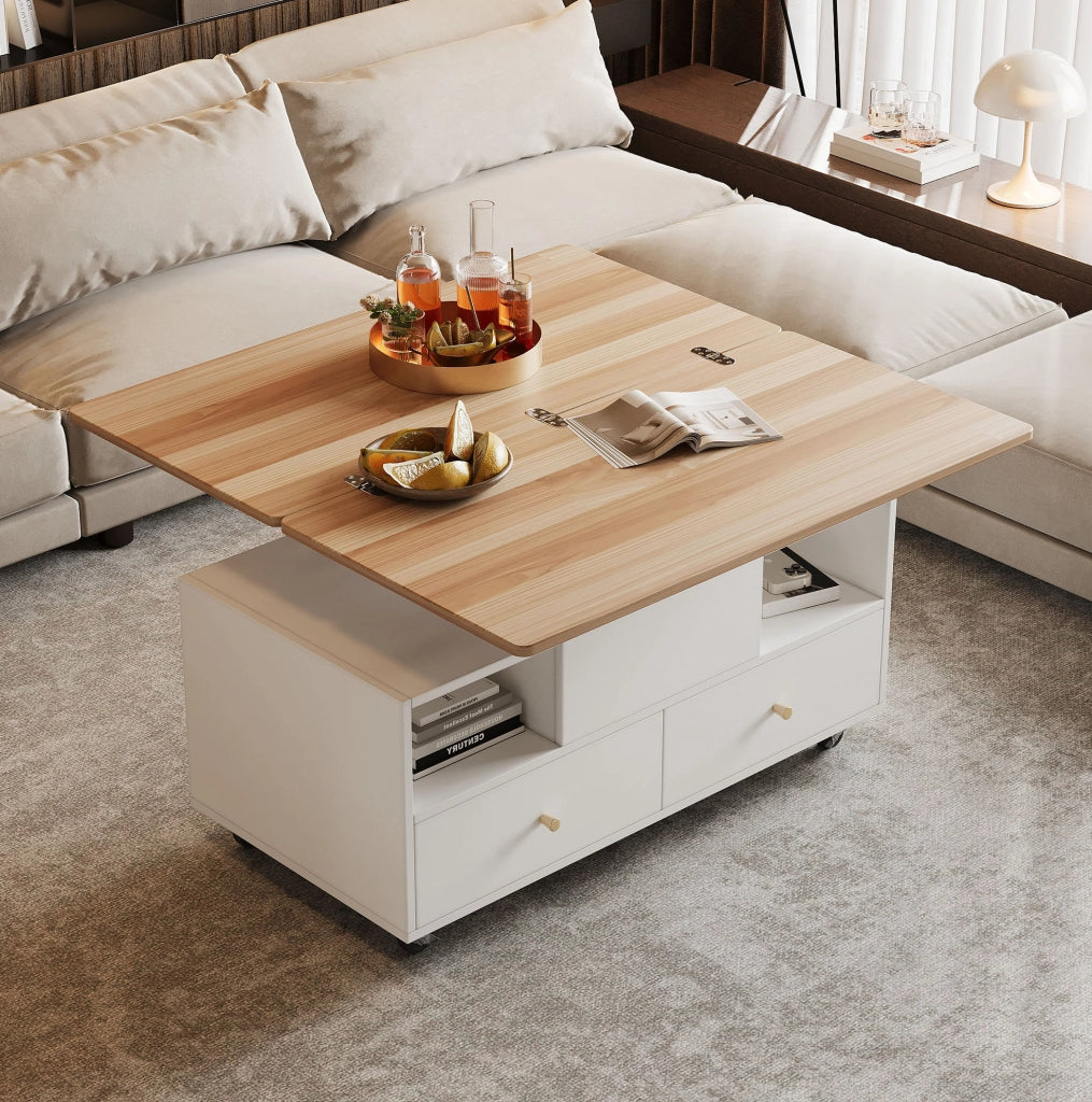 Tavolino da salotto regolabile in altezza con piano ribaltabile e 4 cassetti, 100 x 50 x 47,5 cm, tavolo multifunzionale con ruote universali