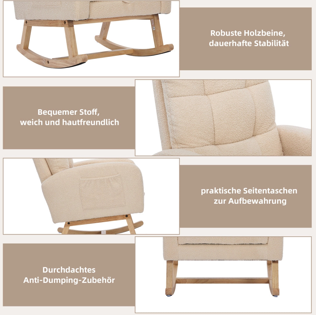 Poltrona a dondolo in bouclé beige con tasca laterale
