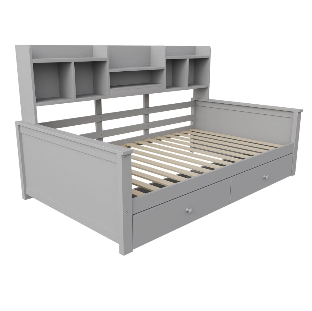 Divano letto 90x200 cm con cassetti e ripiani in legno massello, compensato e MDF grigio