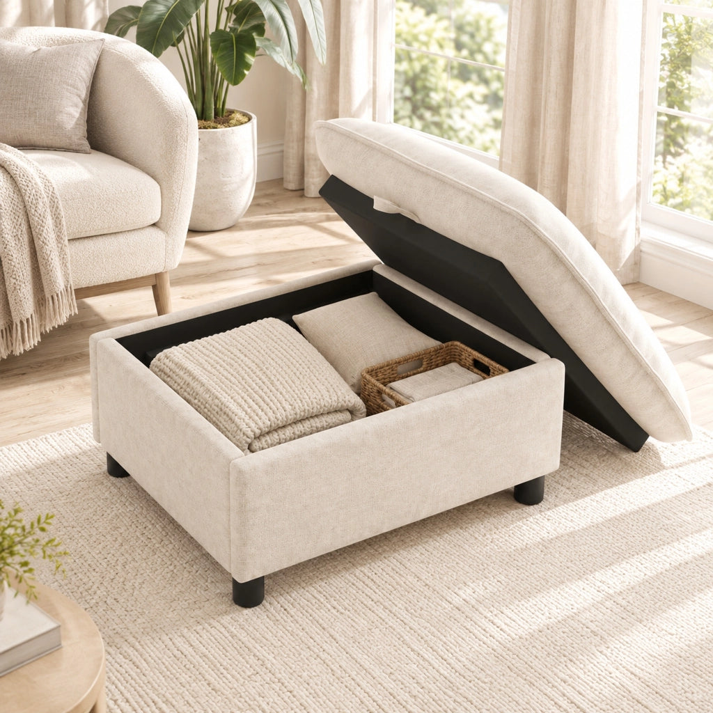 Pouf contenitore poggiapiedi in ciniglia beige per soggiorno e camera da letto con gambe da 8 cm 48 × 98 × 65 cm