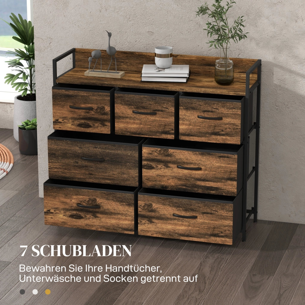Cassettiera con 7 cassetti in tessuto ¨C Xylo ¨C stile industriale, struttura in metallo nero, 98x29x85cm
