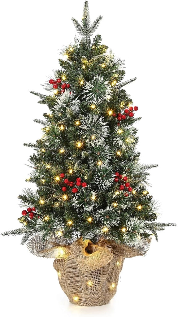 Mini Albero di Natale 90cm con 78 LED Bianco Caldo a Batteria e Base Rivestita in Juta