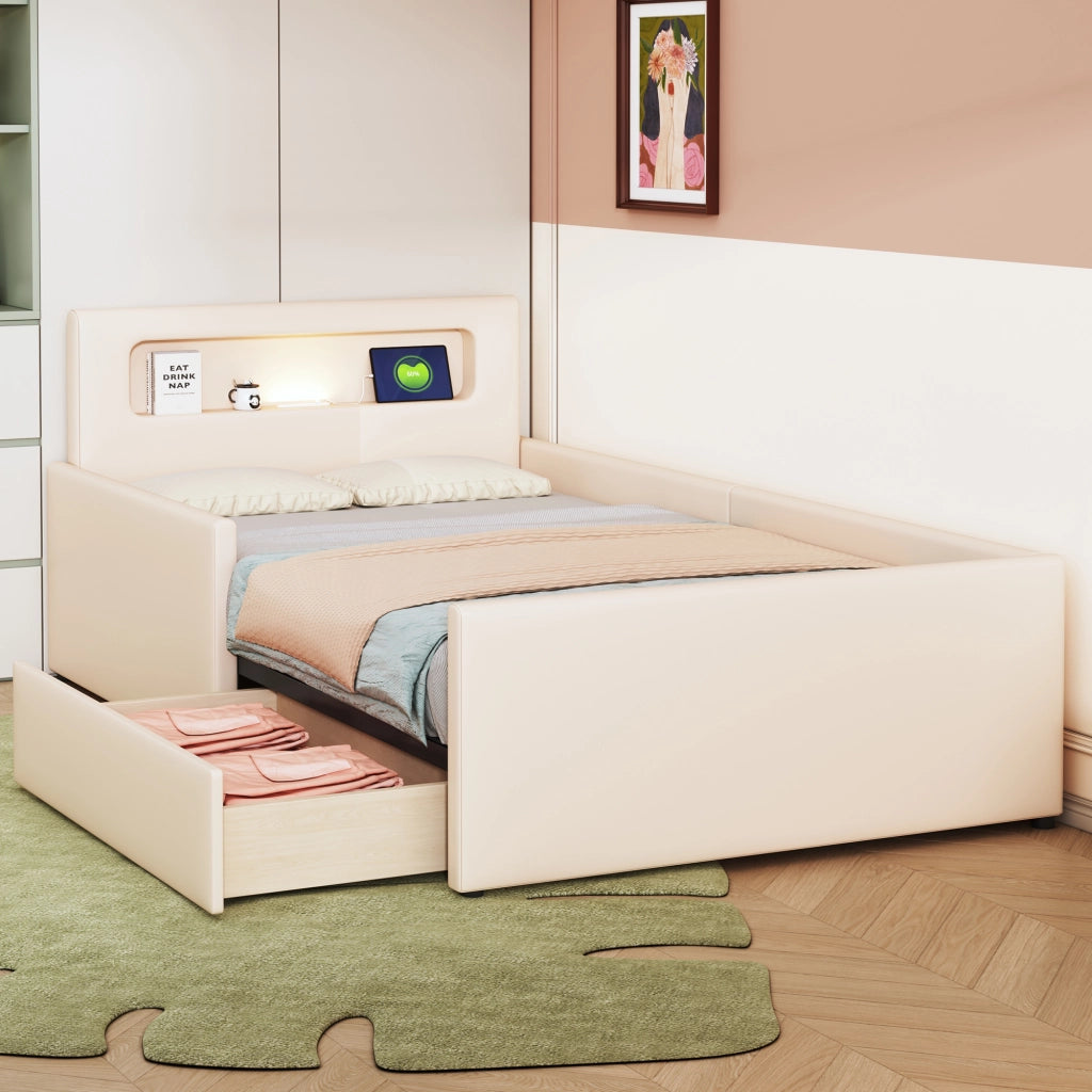 Letto Singolo Imbottito per Bambini con Luce LED e USB ¨C MINIMAL ¨C Similpelle Beige 90x200