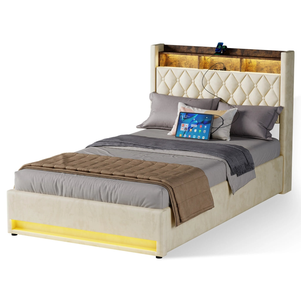 LETTO Imbottito 140 x 200 cm in Velluto Beige con Base a Doghe