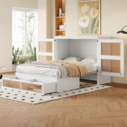 Letto a scomparsa 140x200 cm bianco con ante in rattan e cassetti