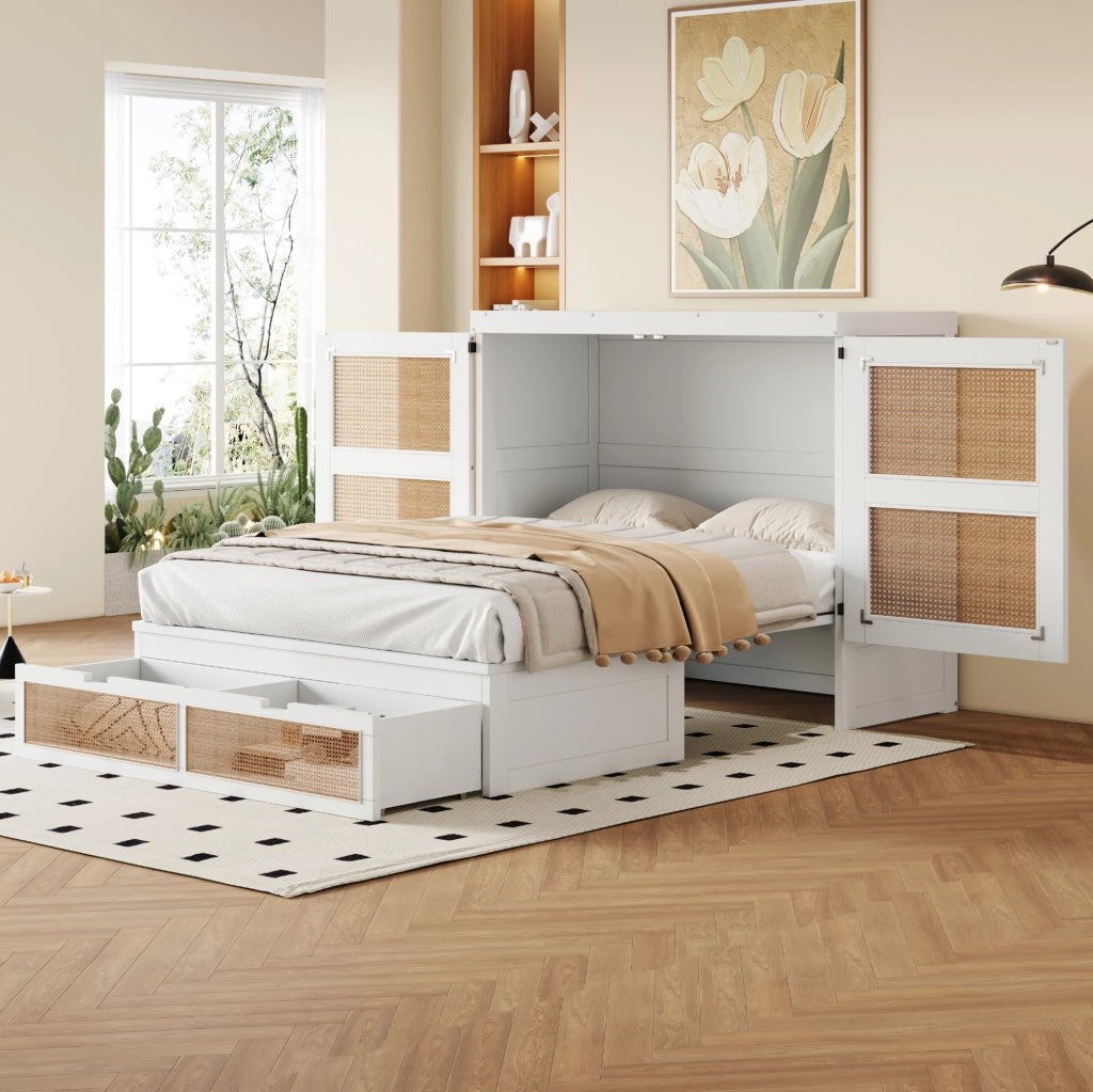 Letto a scomparsa 140x200 cm bianco con ante in rattan e cassetti