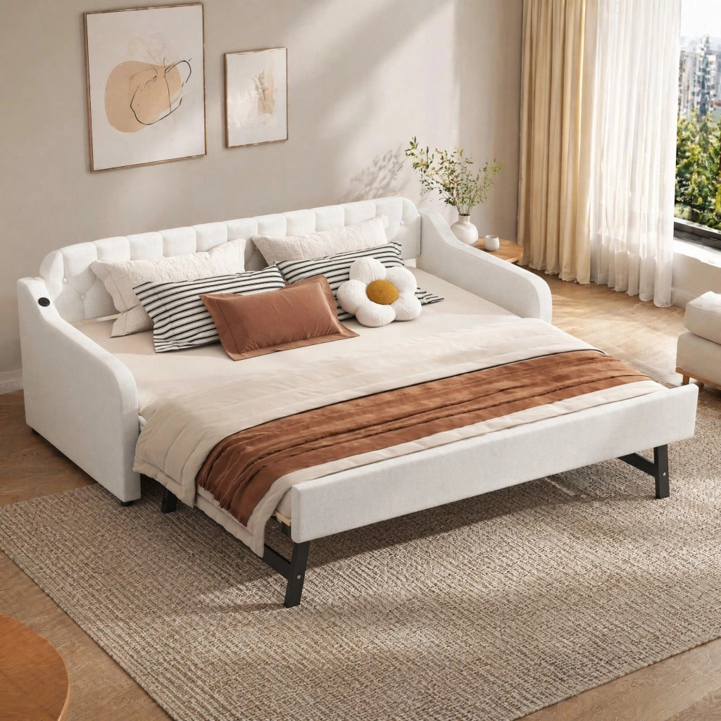 Divano letto estraibile 90x200 cm con USB; 10 doghe; in lino beige e MDF