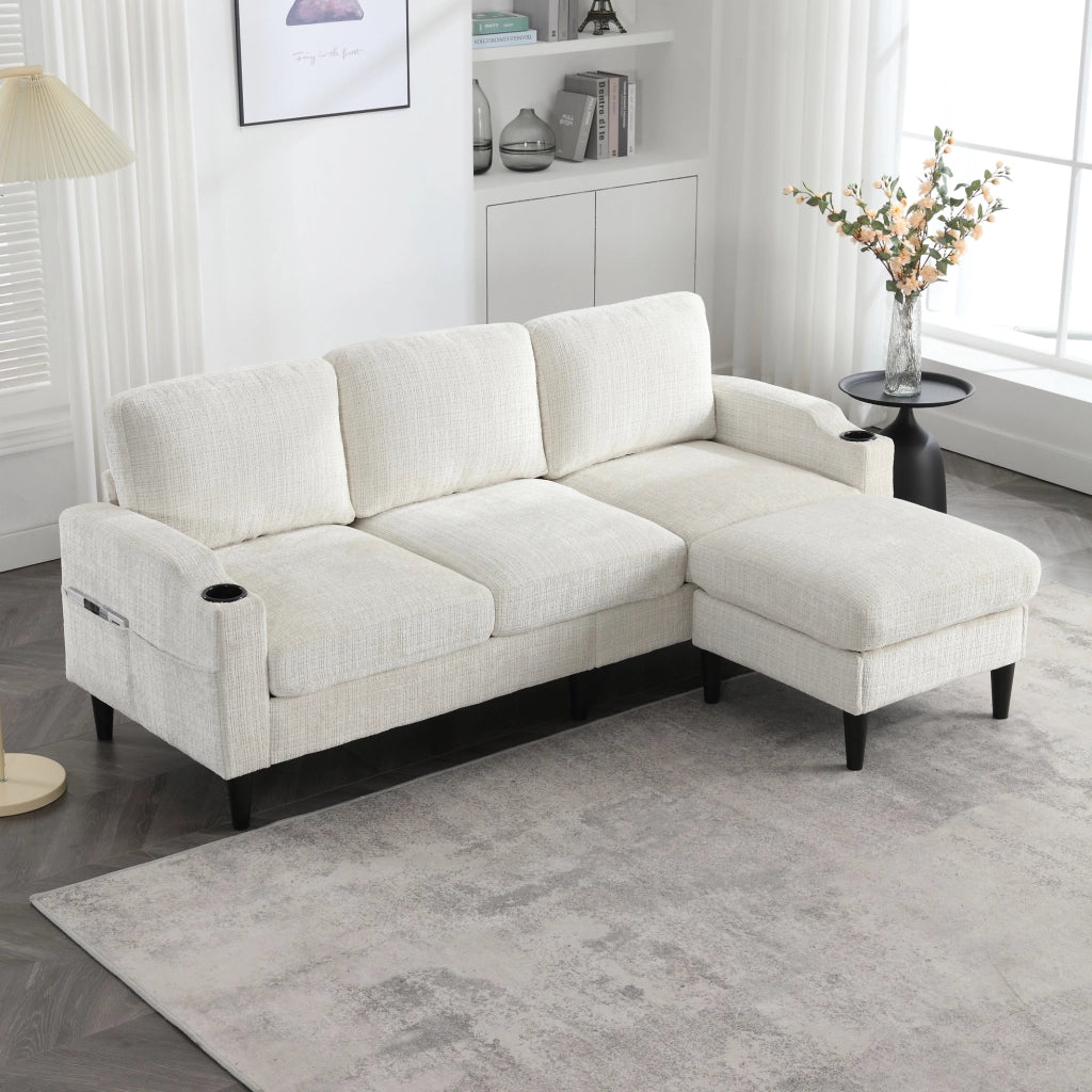 Sofa 4 posti con pouf contenitore in chenille beige; 196;5 x 75 x 77 cm