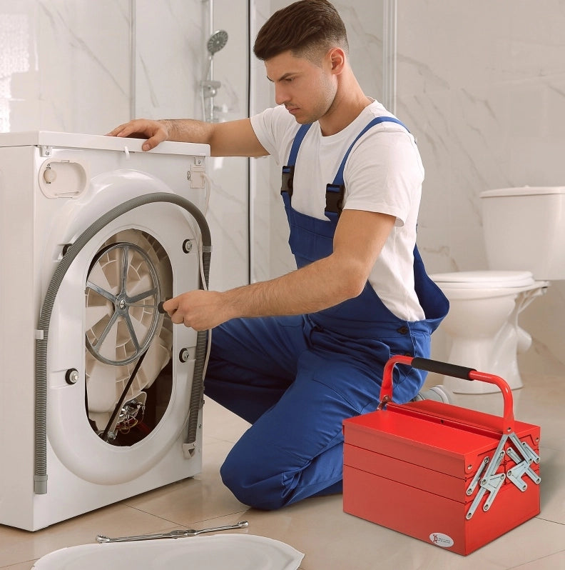 Cassetta portautensili ULEVR a 3 livelli con 5 scomparti pieghevoli, 45x20x34,5 cm, acciaio inox rosso