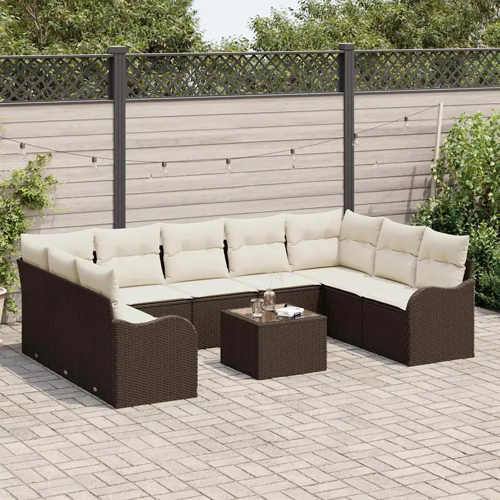 Set Divano da Giardino 10 pcs Marrone e bianco Poly Rattan