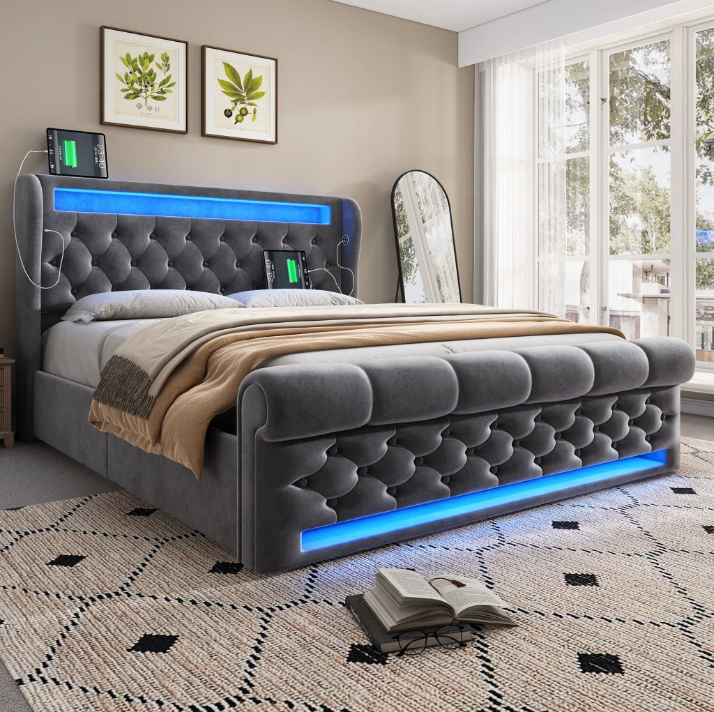 Letto matrimoniale contenitore idraulico 140 × 190 cm in velluto grigio con LED; USB e Type-C