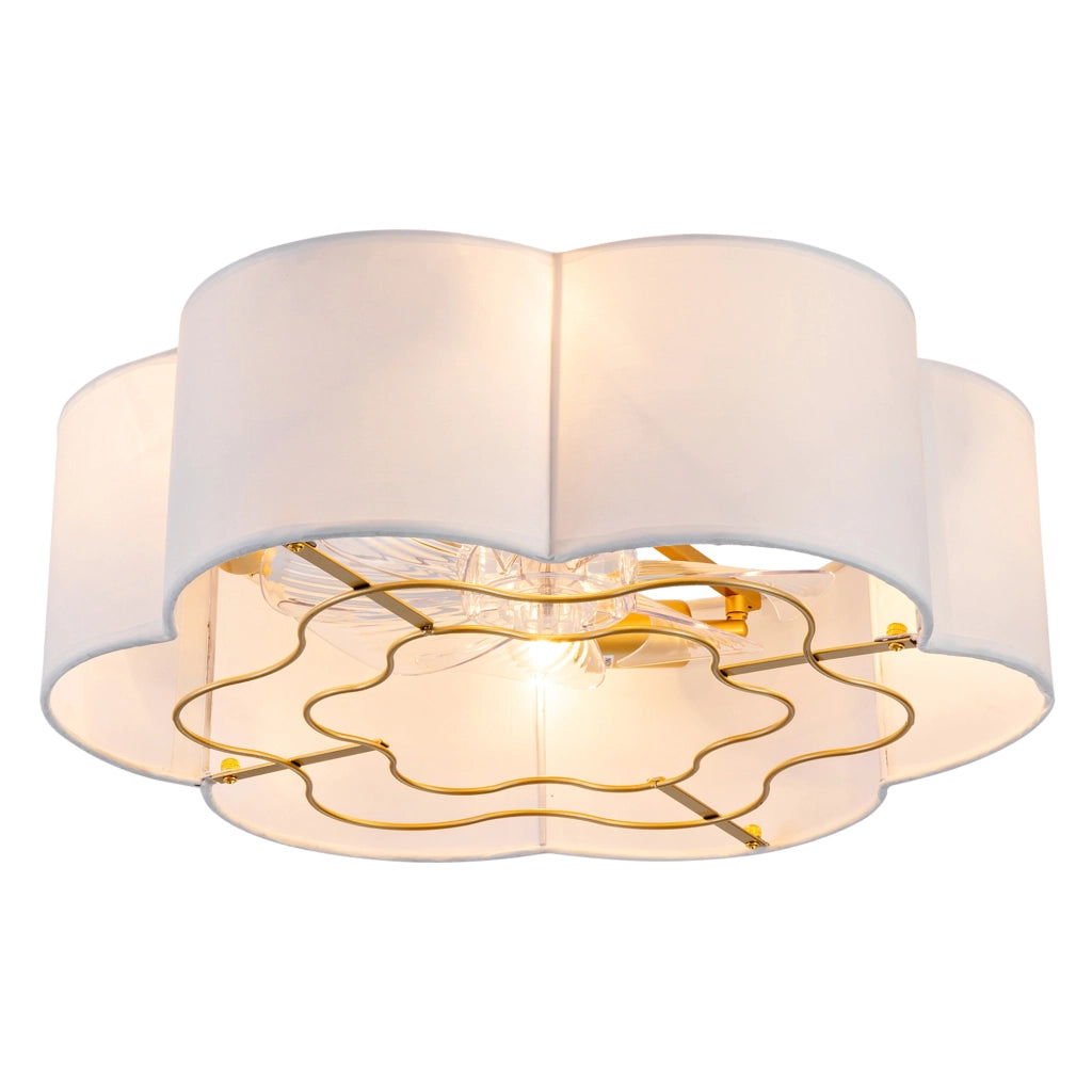 Ventilatore da soffitto con luce; controllo Bluetooth e telecomando; tessuto e plastica oro e bianco