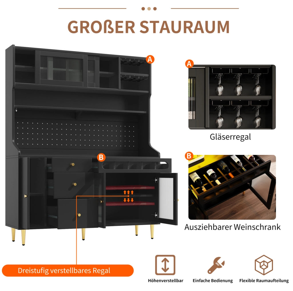Mobile alto cucina con LED app, portabottiglie e ante in vetro