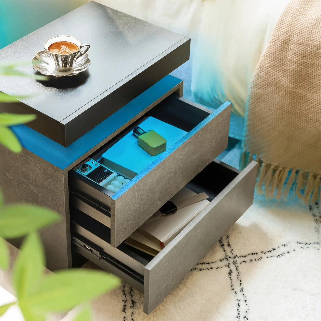 Comodino moderno con 2 cassetti, luci LED integrate, grigio