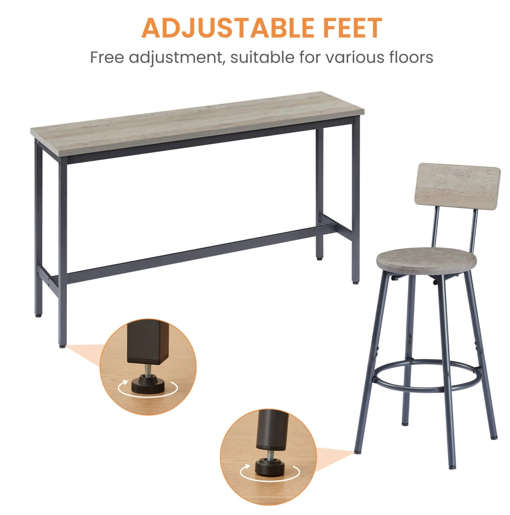 Set tavolo bar lungo grigio con 3 sgabelli imbottiti in PU, struttura in acciaio e pannello in truciolato, design industriale