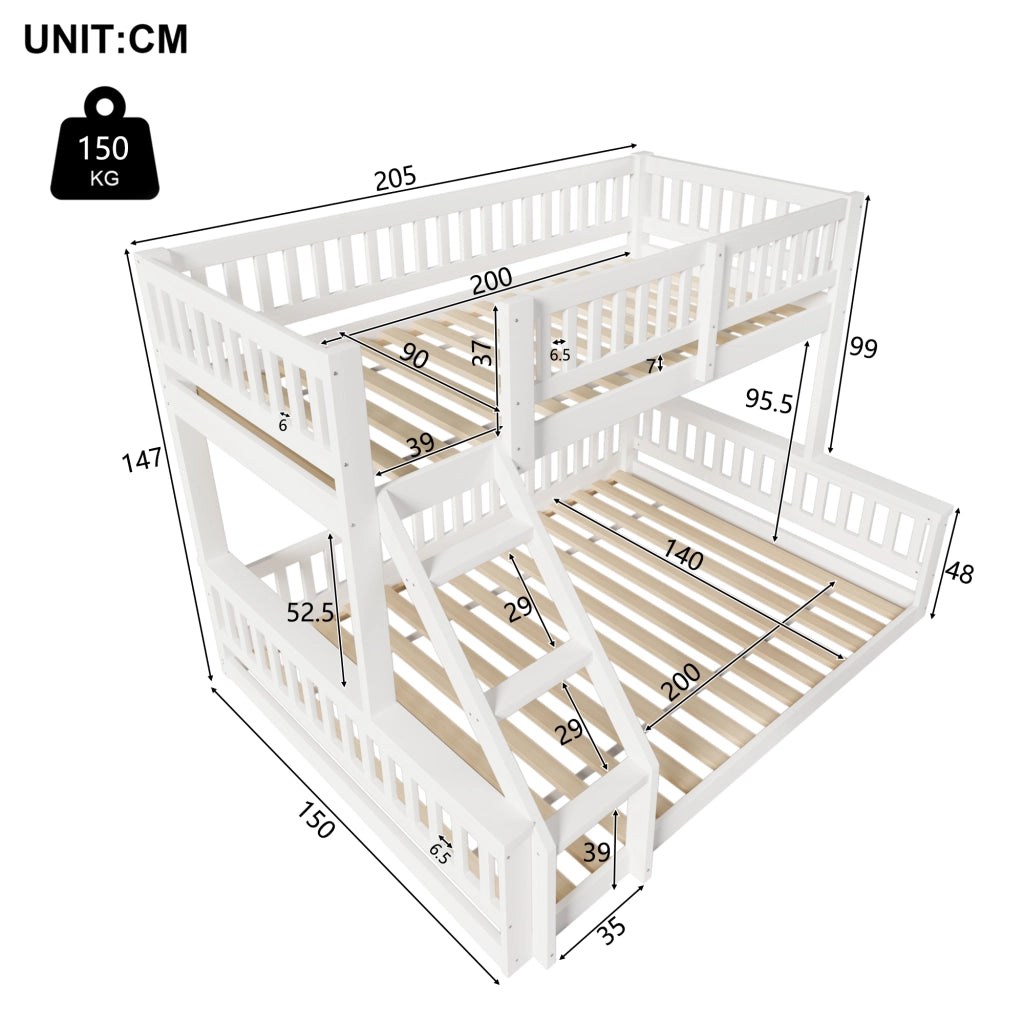 Letto a castello per bambini 90 × 200 cm e 140 × 200 cm in legno bianco con scala e sponde
