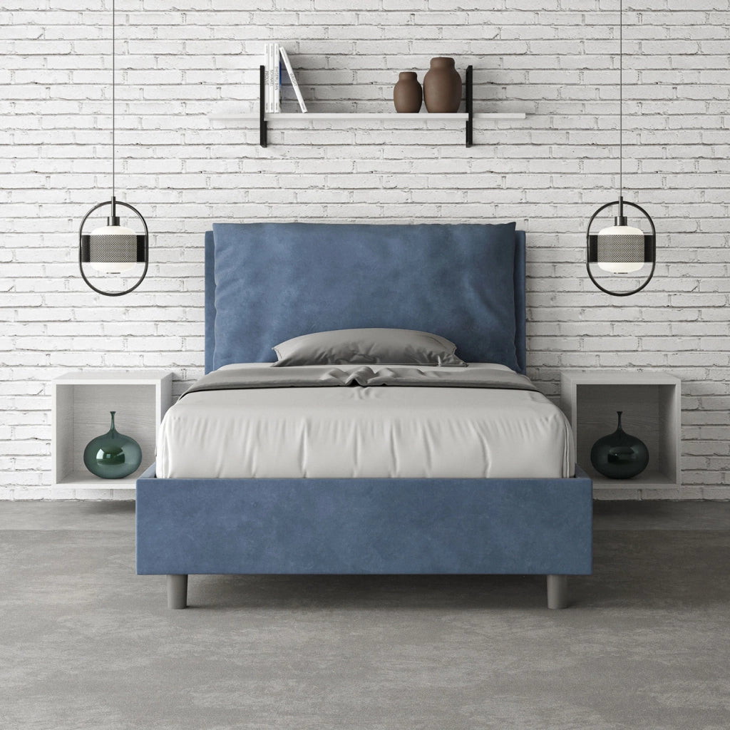 BS COM Letto una piazza e mezza con rete imbottito 110x190 microfibra blu