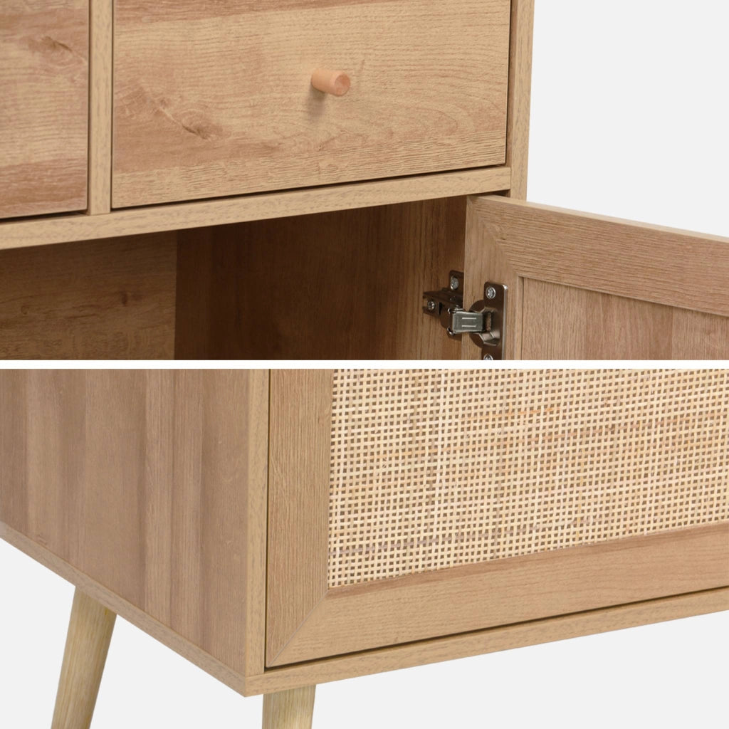 Credenza decorazione in legno e cannage 4 ante e 3 cassetti, 110cm,