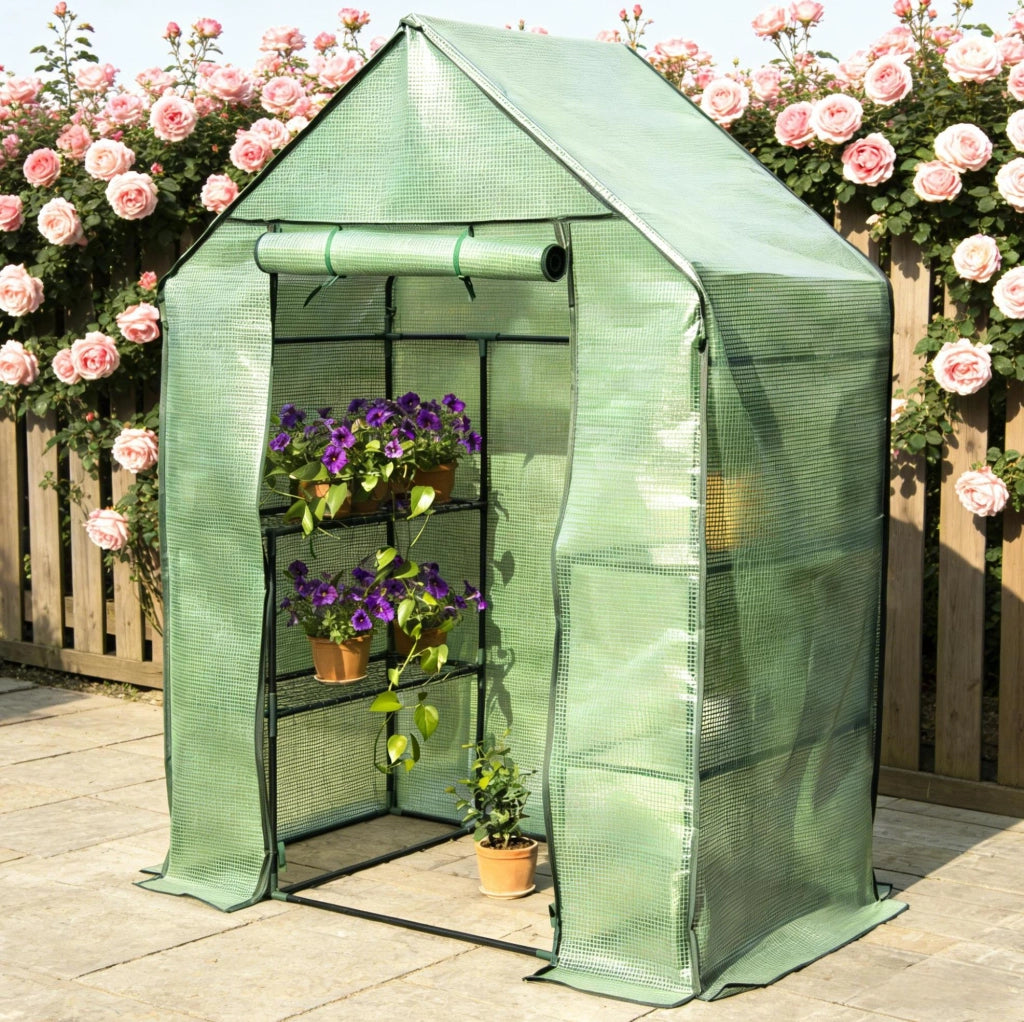 Serra in PVC Verde 143x215x195 cm con Tubature in Acciaio Verniciato per Coltivazione Protetta