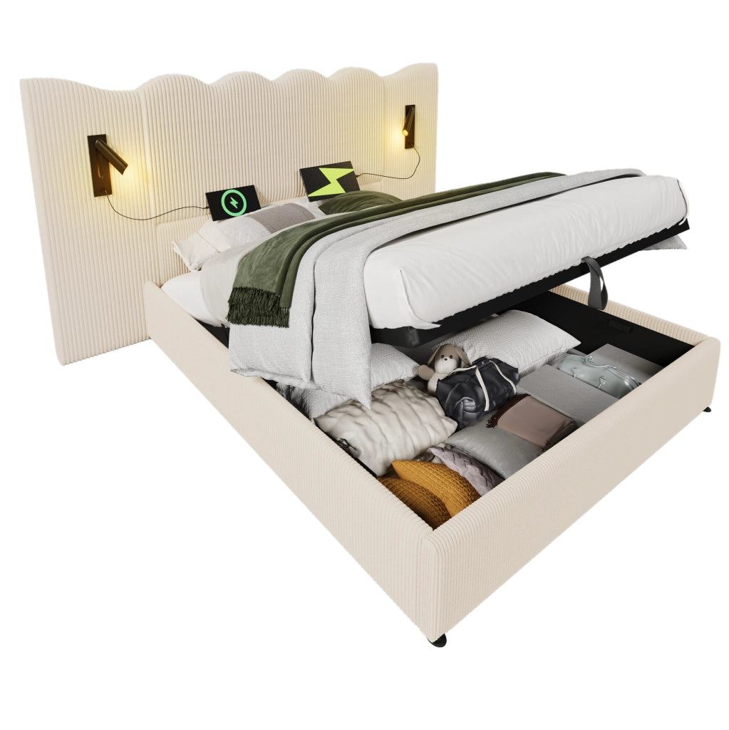 Letto contenitore 180x200 cm in velluto a coste con lampade LED, USB e Type-C, beige-bianco