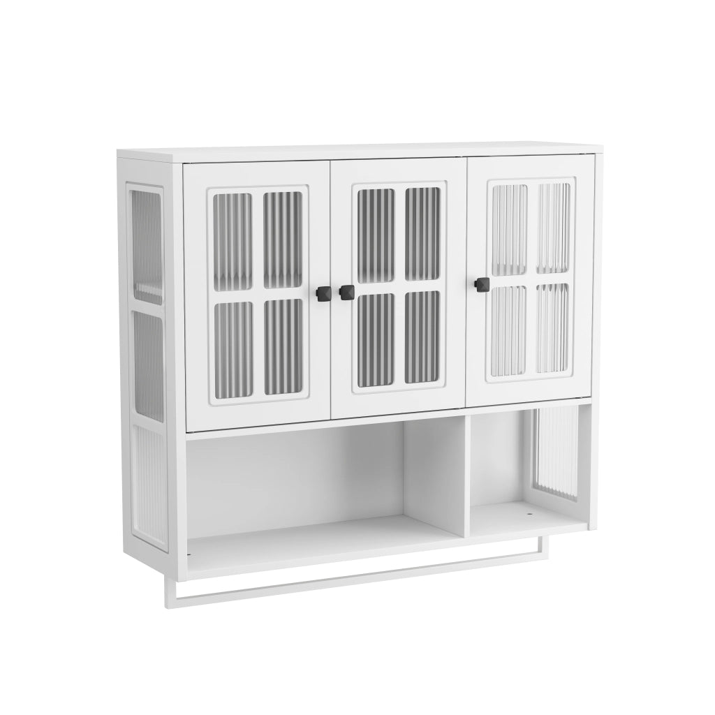 Pensile da bagno con 3 ante; 1 vano a giorno e portasciugamani; per bagno; in MDF e vetro; 88 × 26 × 82.5 cm; bianco