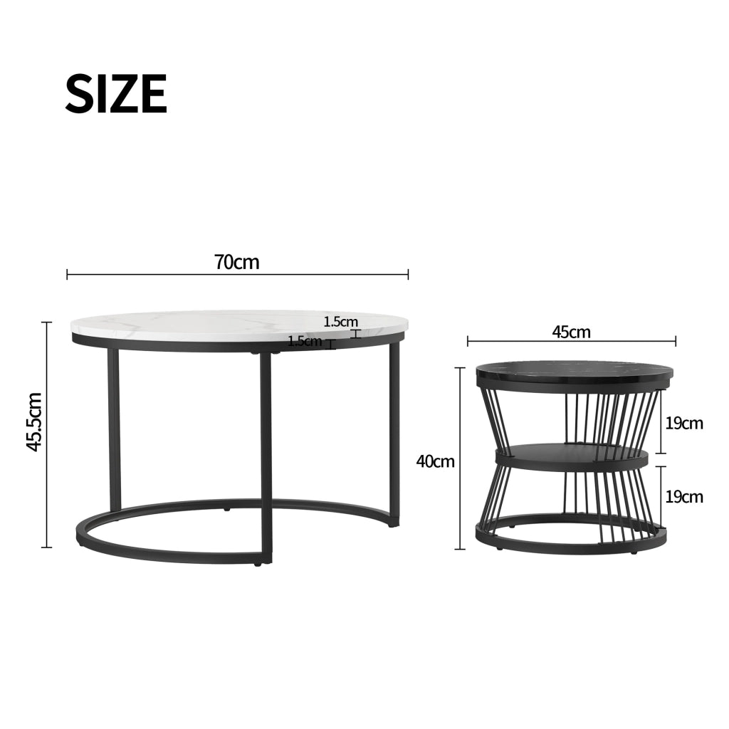 Tavolino salotto rotondo 70x70x45 cm set 2 pezzi tavolino da divano impilabile effetto marmo struttura in metallo - nero e bianco