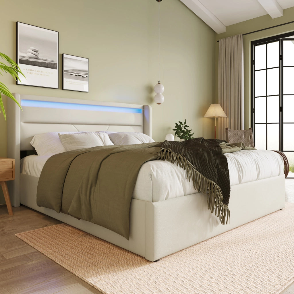 Letto contenitore 160x200 con testiera LED bianca