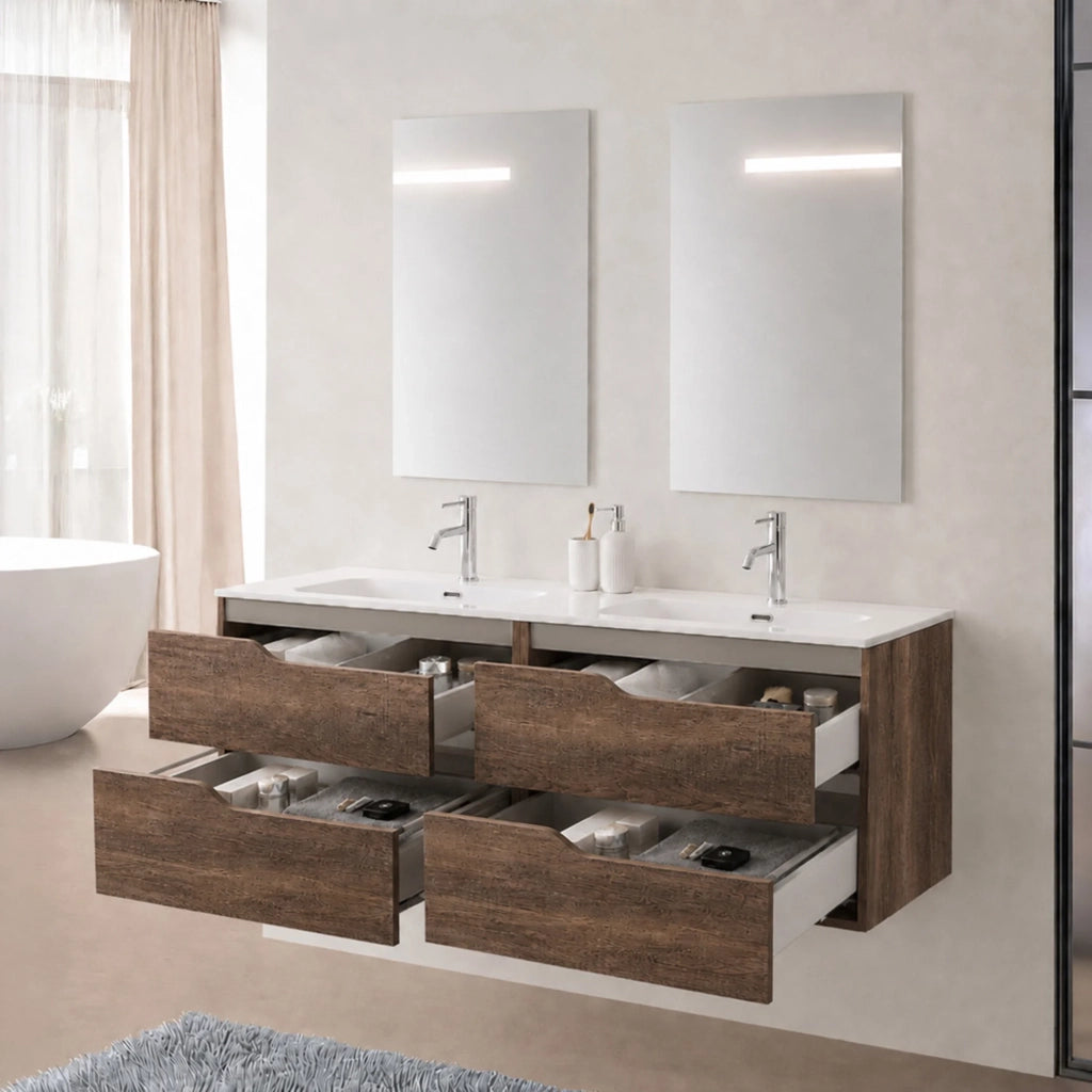 Mobile bagno sospeso 120 cm tabacco e tortora due cassetti e doppia vasca Sumya