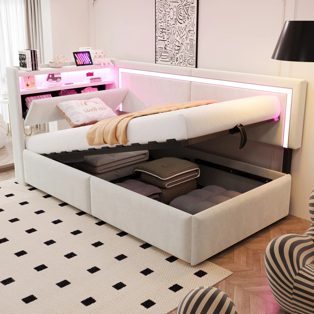 Letto singolo trasformabile 90 × 200 cm con contenitore LED USB in velluto beige