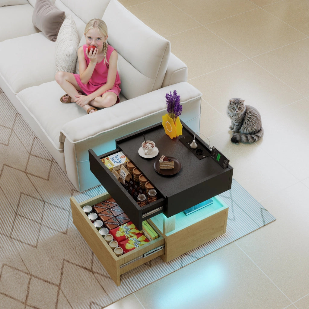 Comodino con ricarica wireless, LED e due cassetti, finitura legno e nero per camera da letto 50 × 40 × 50 cm