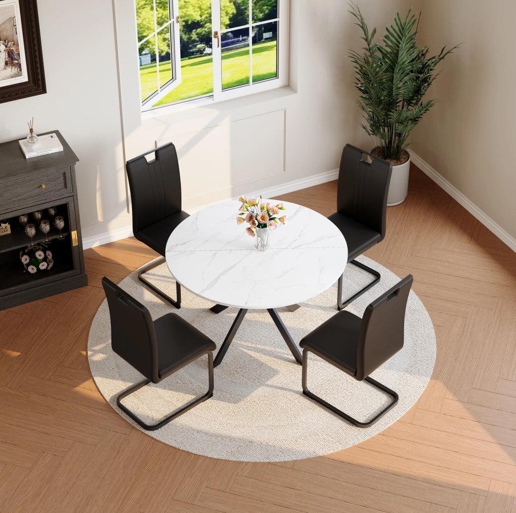Set da Pranzo con Tavolo Rotondo Effetto Marmo Bianco e 2 Sedie Nere in Pelle Sintetica con Struttura in Metallo per Sala da Pranzo e Cucina