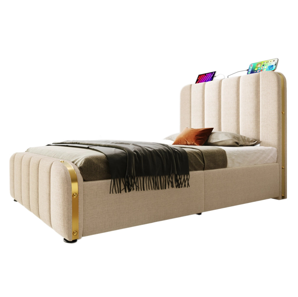 Letto singolo imbottito 90x200 cm con 4 cassetti, porta USB e Tipo C, in lino beige
