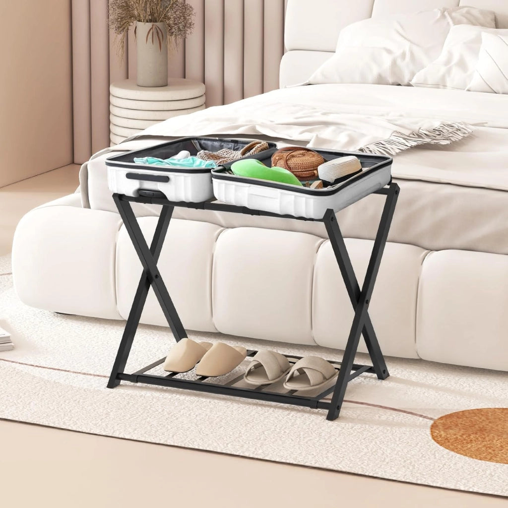 Portavaligie Pieghevole, Porta Valigie Poggia Bagaglio a 2 Ripiani, Cavalletto da Valigie, per Hotel e Viaggio, in Metallo, 68 x 43 x 56 cm (Nero 2)
