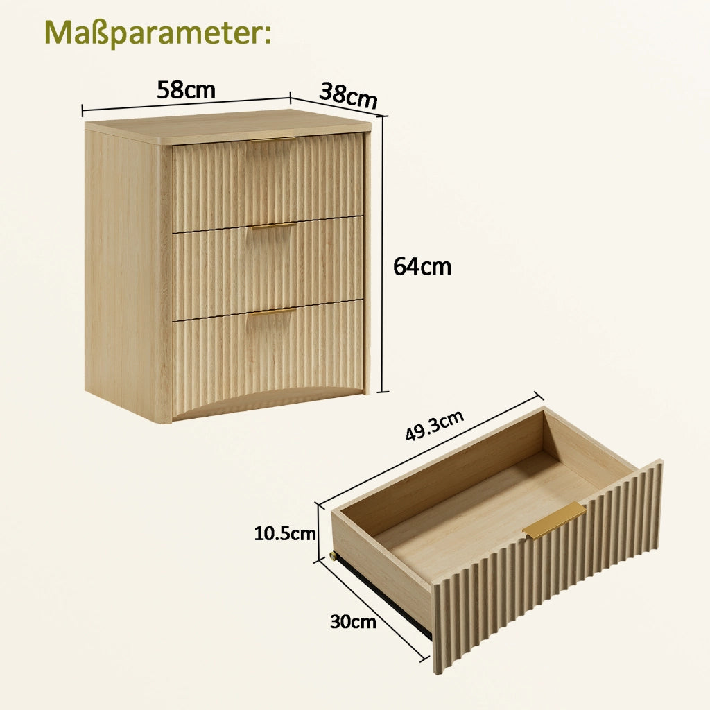 Comodino con 3 cassetti e guide ammortizzate per camera da letto; in MDF; rovere